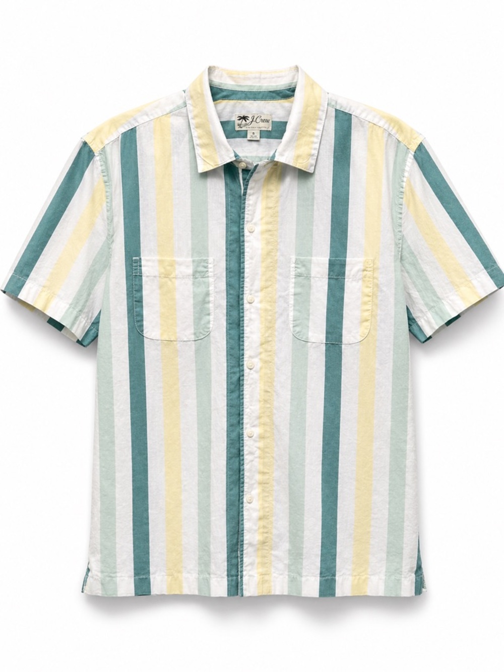 J. Crew Short-Sleeve Button-Down Shirt in Green, Yellow & White Stripes